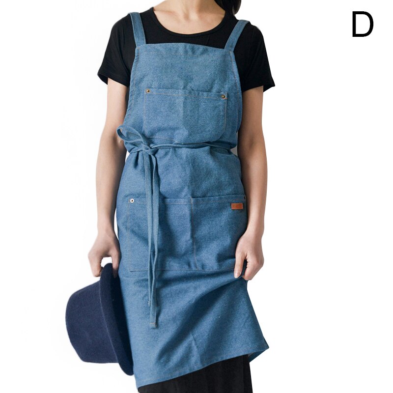 Newly Denim Hanging-neck Apron Sleeveless Apron Dust-proof Overall for Chef Kitchen with Pockets Unisex: d