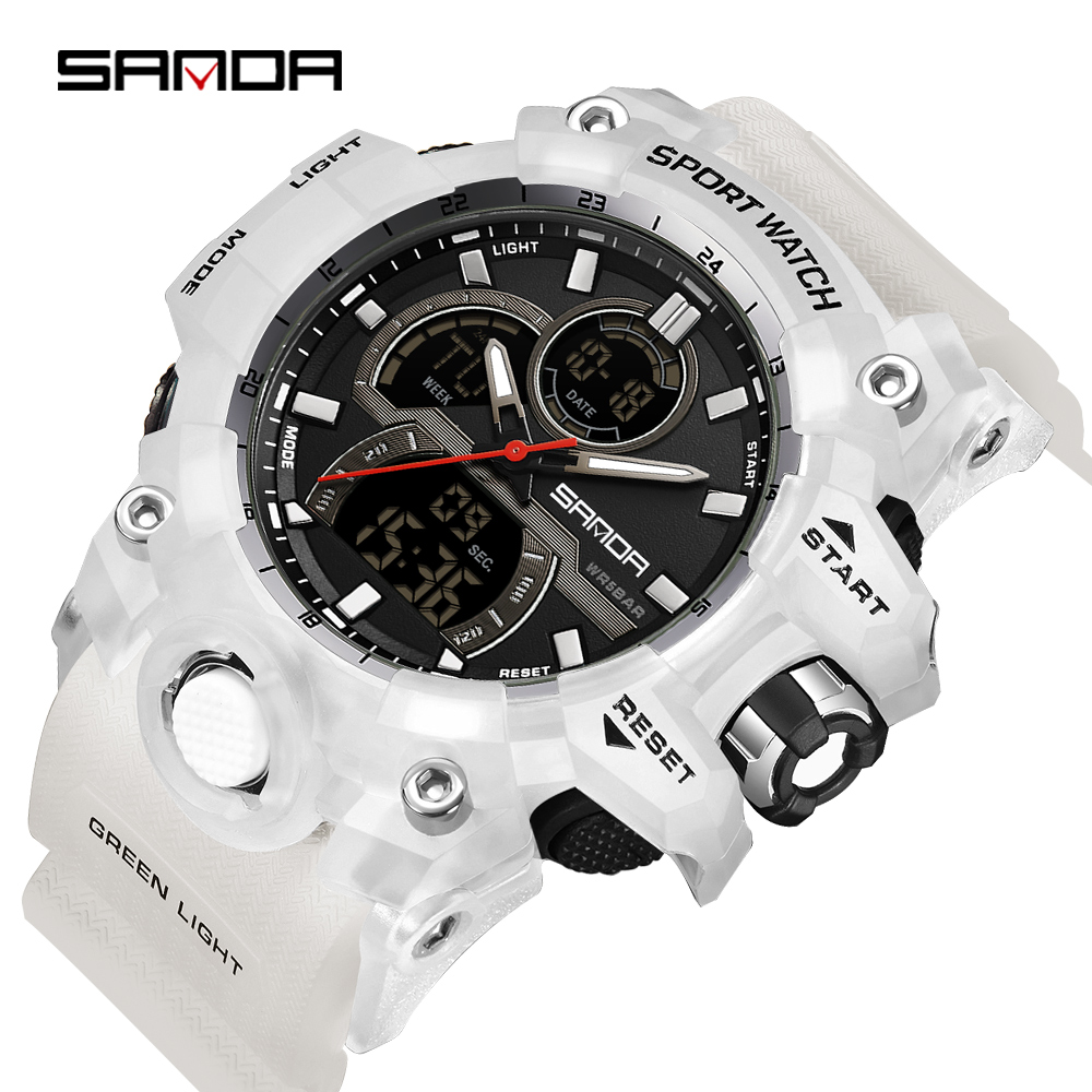 SANDA-reloj electrónico con luz nocturna para hombre, cronógrafo multifuncional con pantalla Dual, resistente al agua, Ideal para deportes al aire libre, a la , 6198, 2024: Blanco