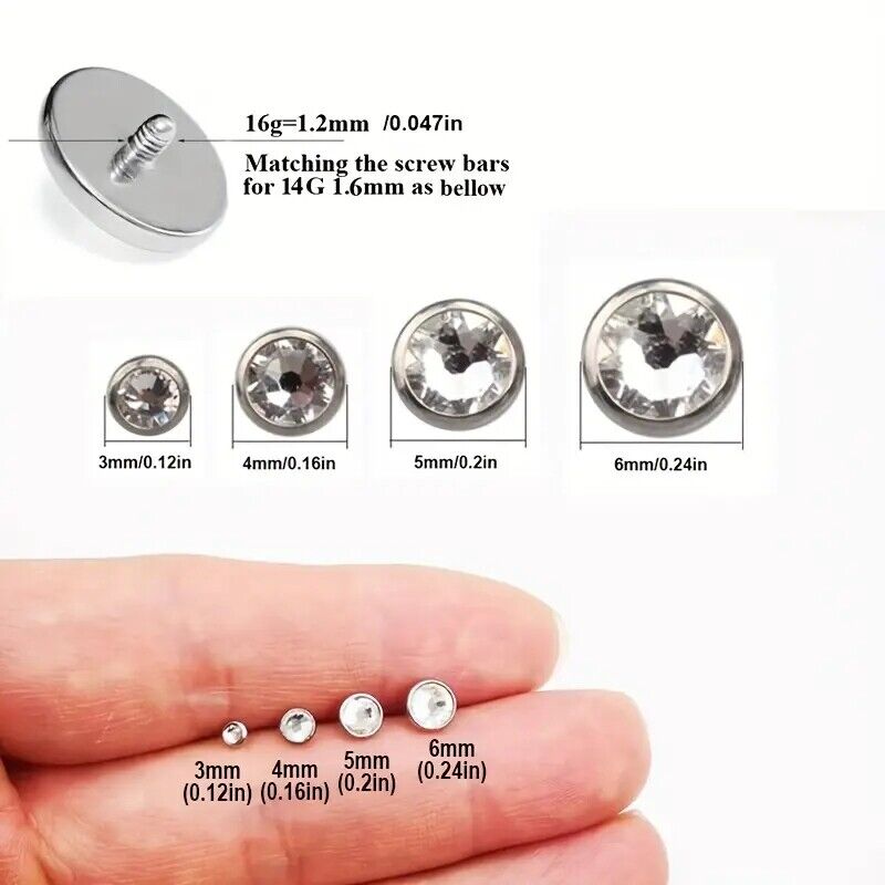16PCS Crystal Dermal Anchor Tops 3-6mm 14G Surgical Steel Surface Piercing Skin Base