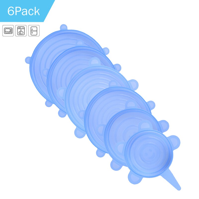 6 stuks siliconen rekdeksels universele deksel siliconen kom pot deksel siliconen deksel pan koken voedsel vers deksel magnetron deksel: 6 stuks blauw