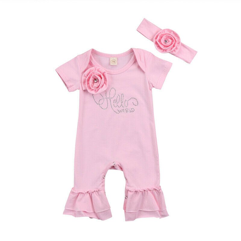 Newborn Baby Girls Flower Ruffle Jumpsuit Headband Outfits Clothes Set