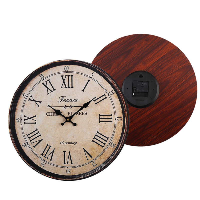 Relojes de pared grande Vintage de 40cm, reloj de pared de madera, gran arte, números romanos redondos, decoración para el jardín del hogar al aire libre (batería no incluida)