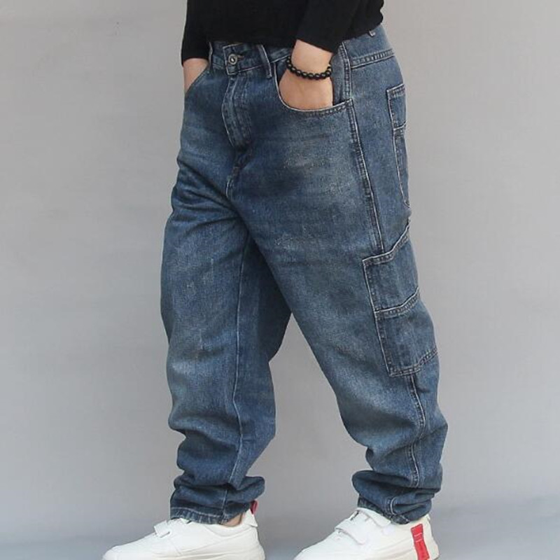 Løse baggy jeans til mænds afslappede denimbukser hip hop harem jeansbukser blå plus størrelse skridt denimbukser