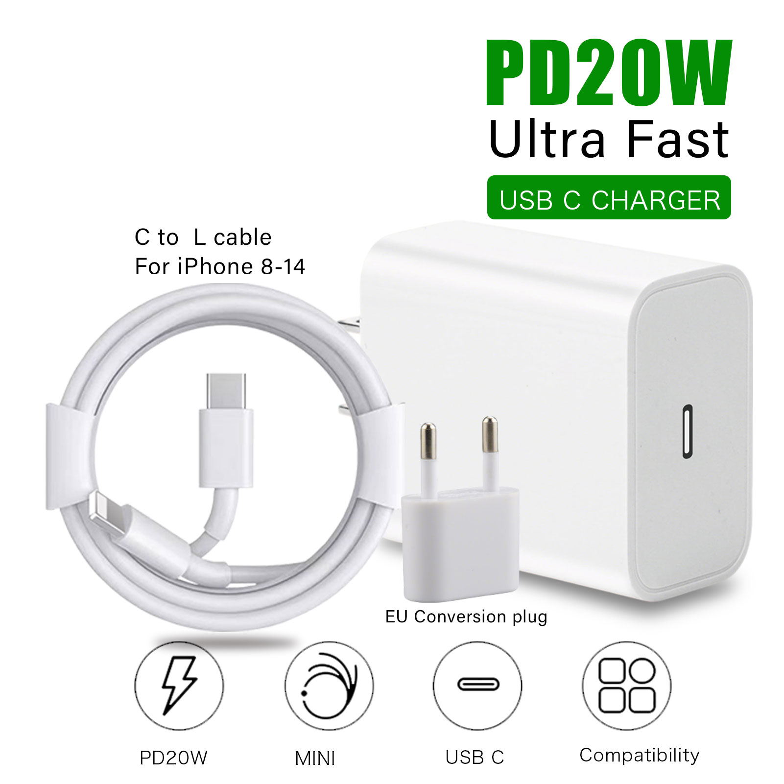 USB C Oplader Blok voor iPhone 16 Chargy Plug PD 20W muurlader met kabel Snelle oplader Data Sync voor iPhone16 15 14 13 12 11 Pro Max Mini Xs iPad Air Type C Power dapte: RSA