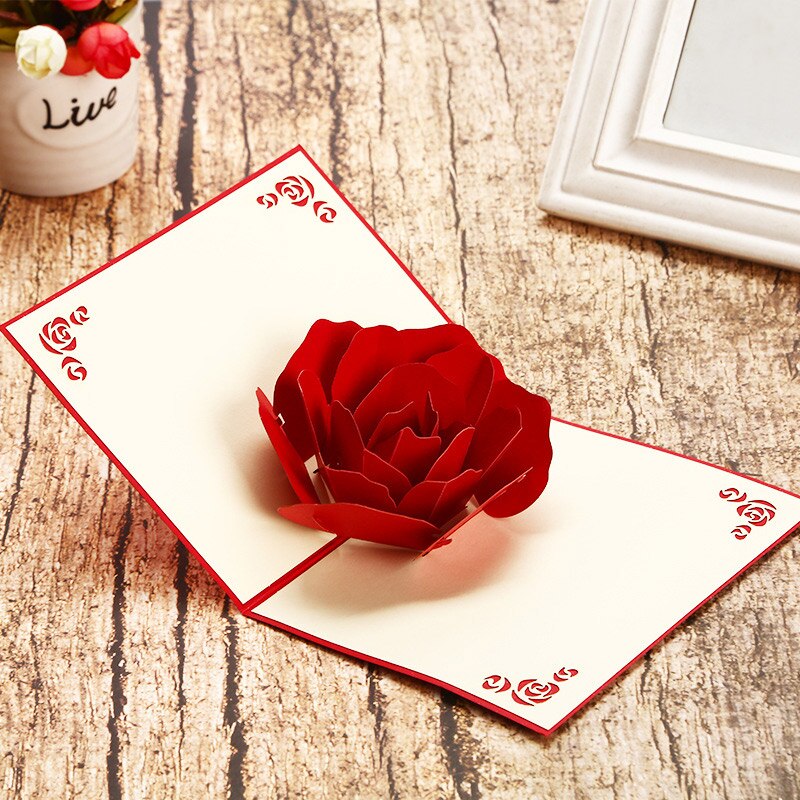 3D Pop-Up Cards Birthday Card Red Rose Shape Birthday Cake Greeting Card Postcards Card