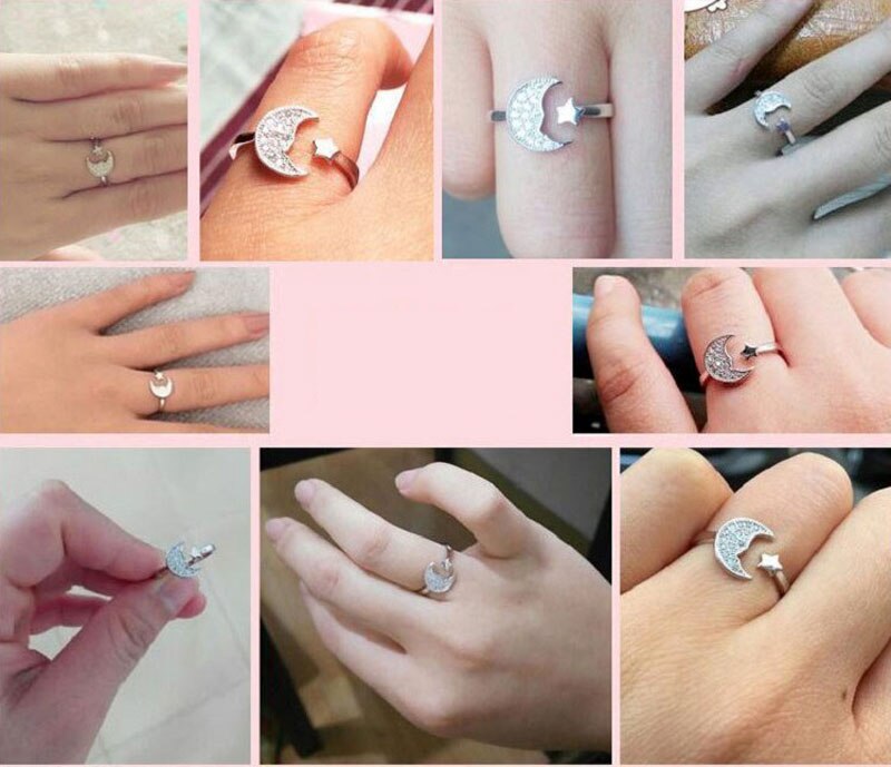 Crazy Feng-Anillos ajustables con forma de Luna y estrella plateada, bisutería de lujo de cristal para compromiso de boda, para amantes