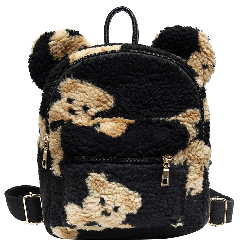2021 kpop mini mochila para meninas mochila de pelúcia com orelhas de urso pele ombros saco bonito peludo: Black Bear