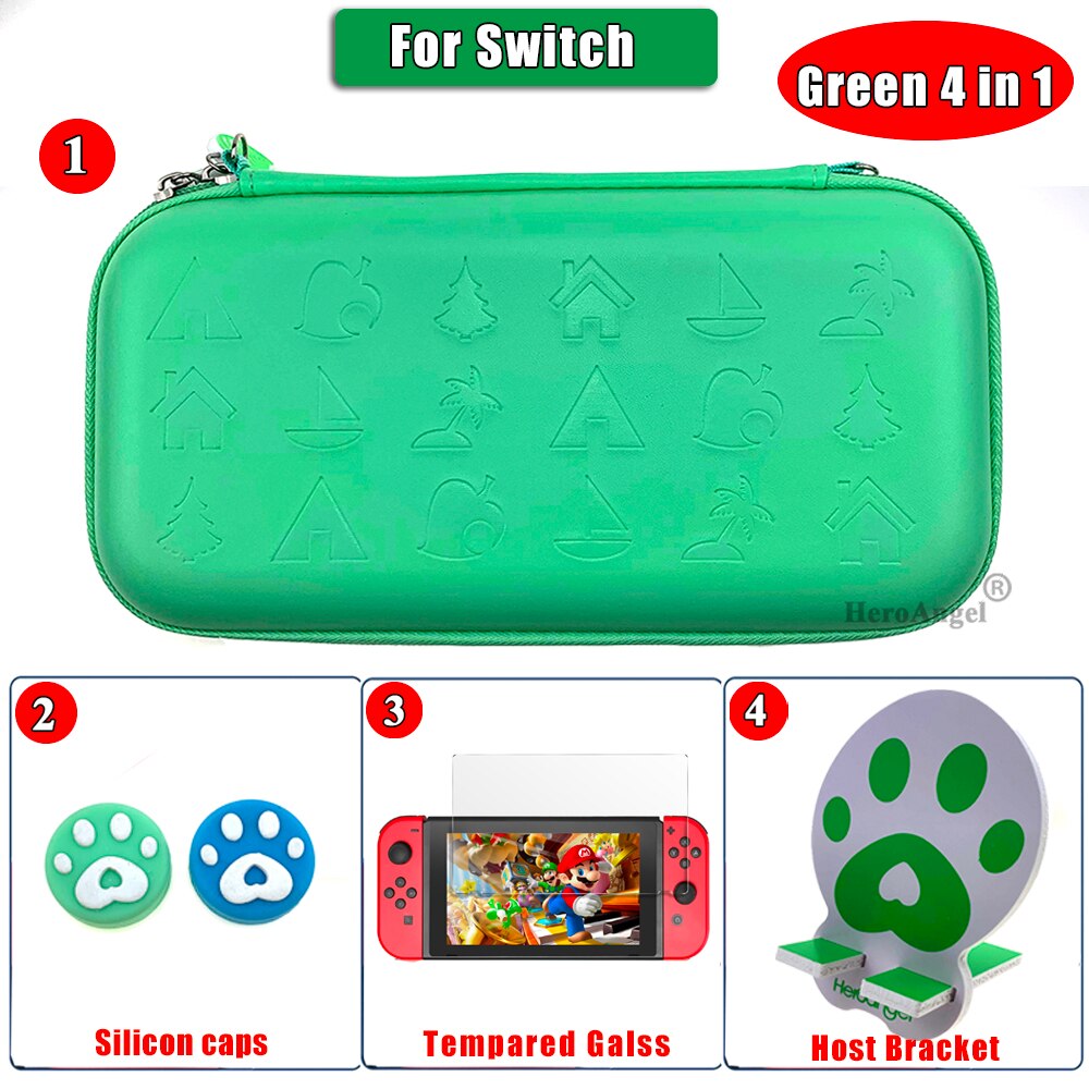 Cute Pink For Nintend Switch Protective Case Animal Crossing Console Storage Bag for Nintendo Switch Lite Accessories Thumb Grip: Switch Green  4IN1