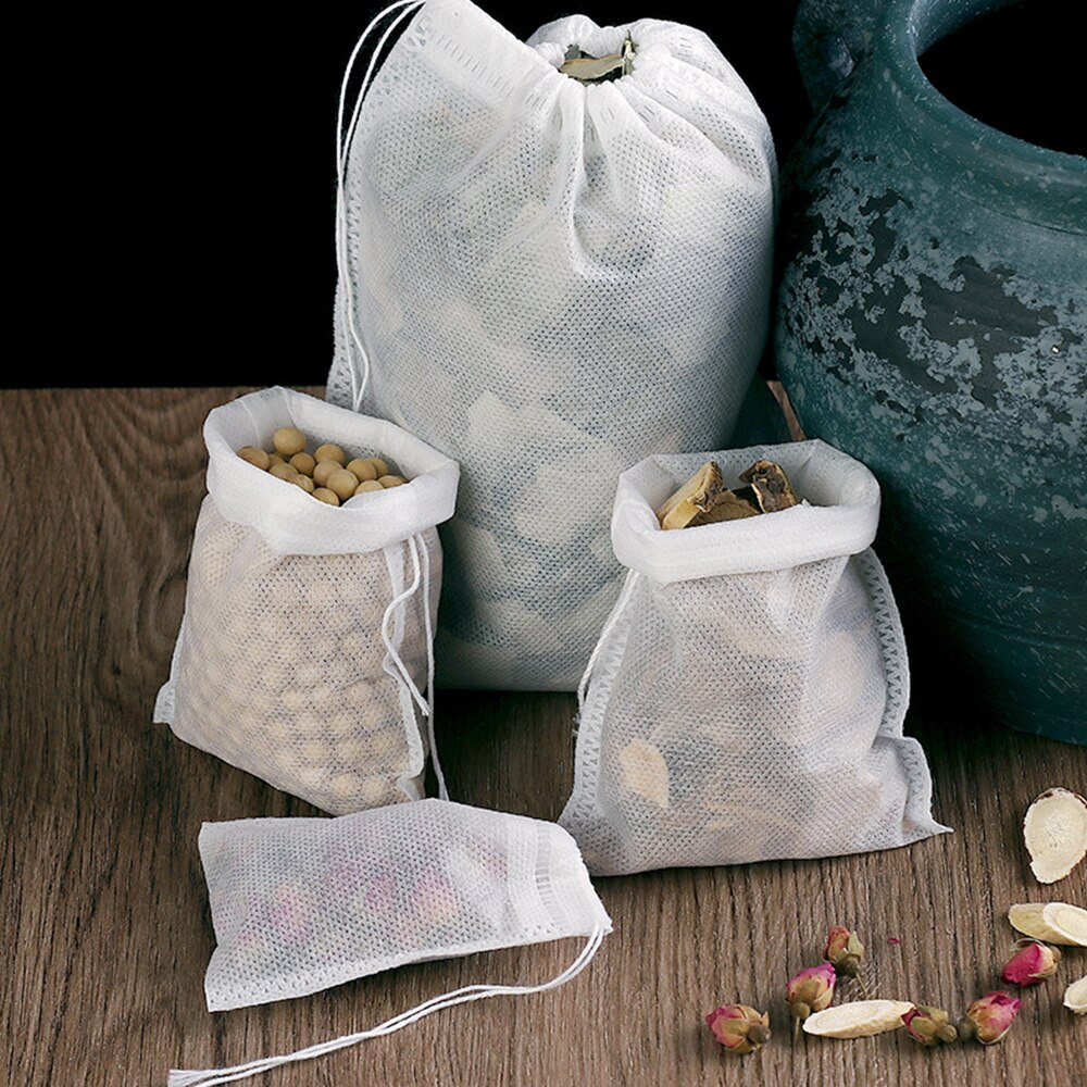 Sachet de thé en tissu Non tissé, 100 pièces, avec ficelle, thermoscellé, infuseur à thé, filtre à café et à épices, passoire, outil de brassage de bière en maille