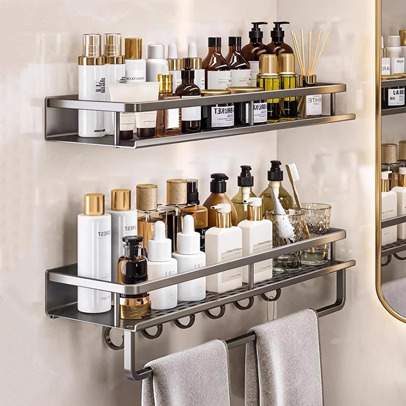 Estante de baño con barra de toalla montado en la pared, estante de ducha de aluminio gris, soporte de champú de baño negro, soporte de cesta, estante de esquina