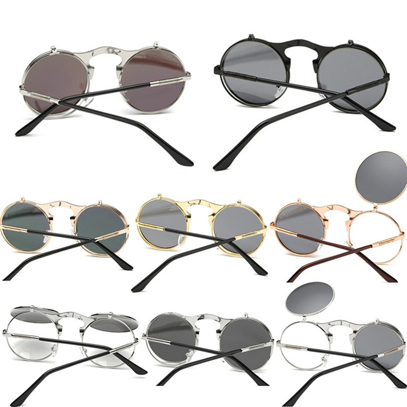 Metal Punk Sun Glasses Male Retro Steampunk Round Flip Up Sunglass Women Mens Clip On Sunglasses