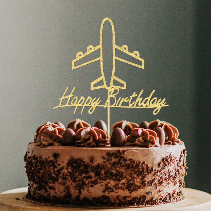 YOMDID Golden Airplane Cake Topper Glitter Cake Topper Paper Cake Decor Sparkly Party Cake Decoration for Birthday Celebrations