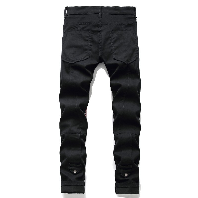 Pantalones vaqueros ajustados con remaches para hombre, cuadros escoceses con mosaico de vaqueros negros a la , estilo Punk Rock, 5506