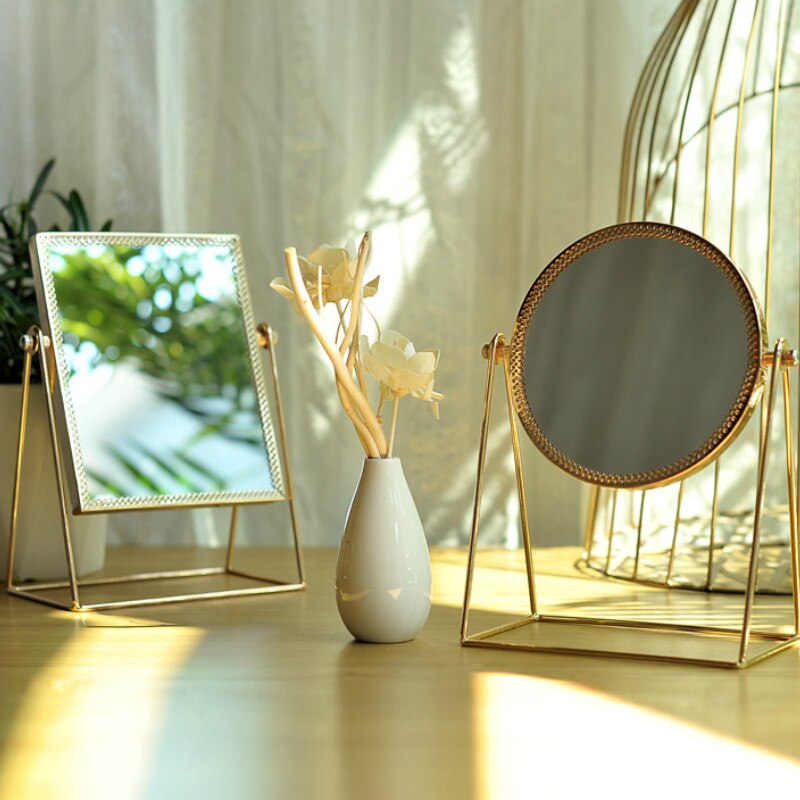 Retro lys luksus europæisk metal guld makeup spejl hjem skrivebord hjem firkantet runde dekorative spejle  wj527