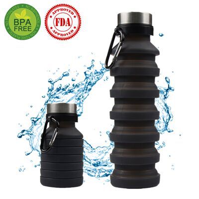 Siliconen Water Fles Squeeze Verstelbare Bpa Gratis Opvouwbare Lekvrije Bike Sport Flessen Met Haak Drinken Reizen Waterkoker 550ml: black