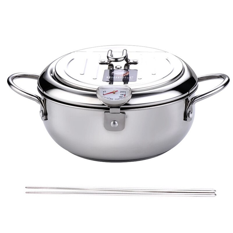 Deep Frying Pot with a Thermometer,Lid&Chopsticks Stainless Steel Kitchen Fryer Pan,Fryer Pan,Uncoated Fryer 24 cm