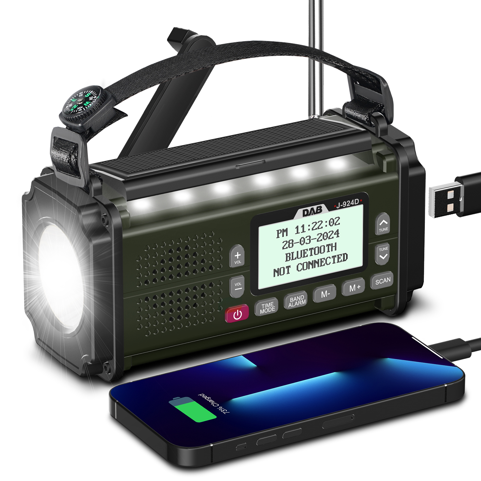 Radio DAB+ Głośnik FM Bluetooth 10000mAh PowerBan Radio awaryjne Przenośny odbiornik radiowy na energię słoneczną Korba ręczna USB-C Dioda LED ładowania: Default Title