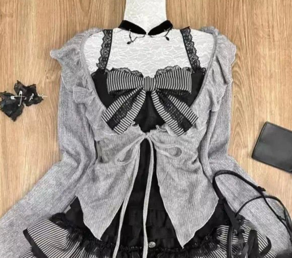 Sommer Herbst würzen Mädchen Abi Kultur Grau Schwarz Spitze Y2K Strickjacke Tragen Kuchen Spleißen Hosenträger Felsen Drei-stück einstellen für Frauen: XL / Schwarz