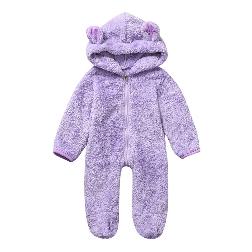 Pasgeborenen Hooded Oren Footies Baby Jongen Meisje Solid Winter Fleece Warm Lange Mouwen Jumpsuit Rits Uitloper Baby Kleding 0-18M A20