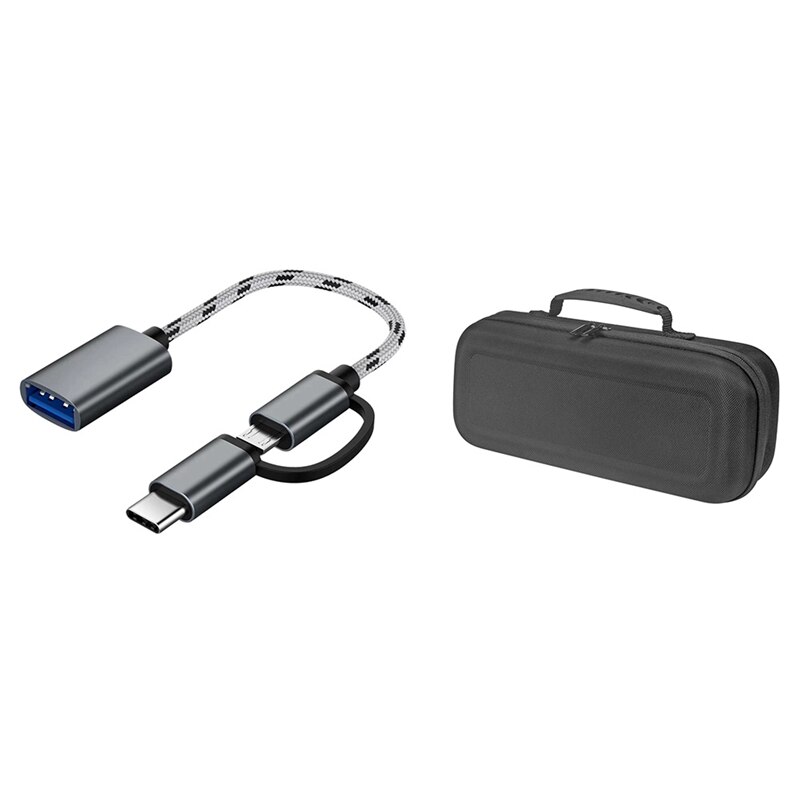 2-in-1 USB OTG Cable USB-C/Micro-USB to USB 3.0 Adapter - Gray & EVA Case for Sony SRS-XB33: Default Title