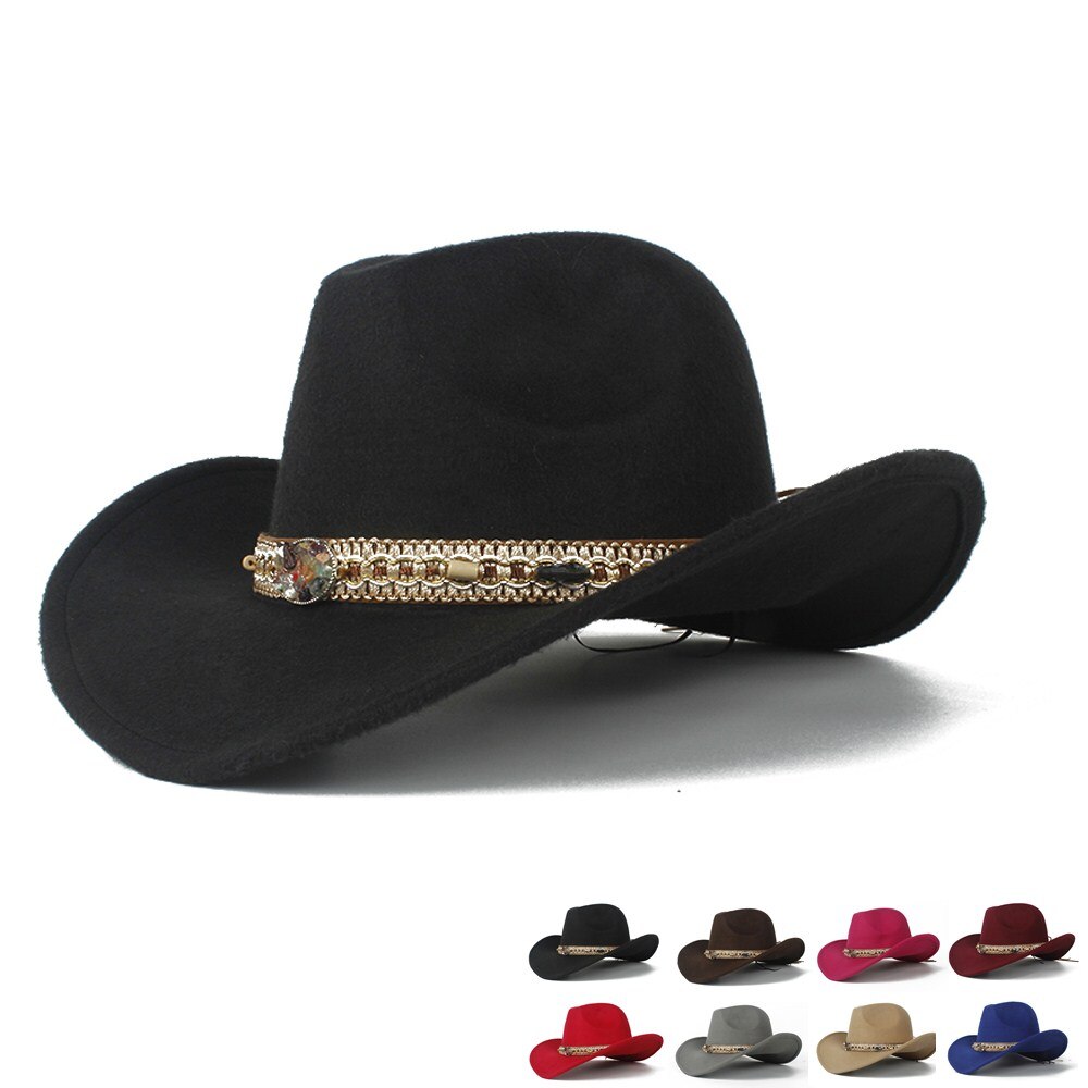 Sombrero de lana ahuecado para hombres y mujeres, Sombrero de cowboy del Oeste, ala enrollable para mujer, Sombrero negro para Hombre, gorra de Jazz, talla 56-58