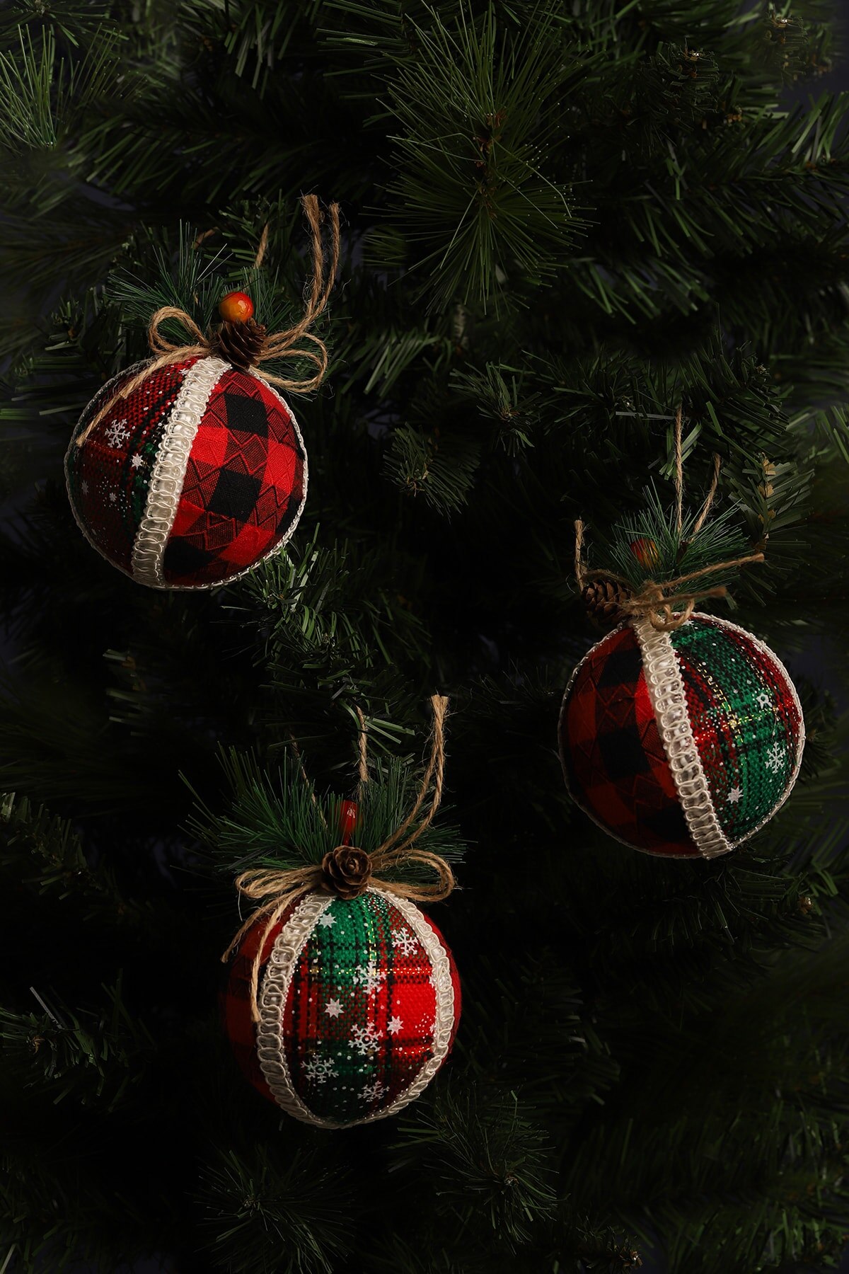 Kerstboomversiering stof 3 'lü set 7 cm