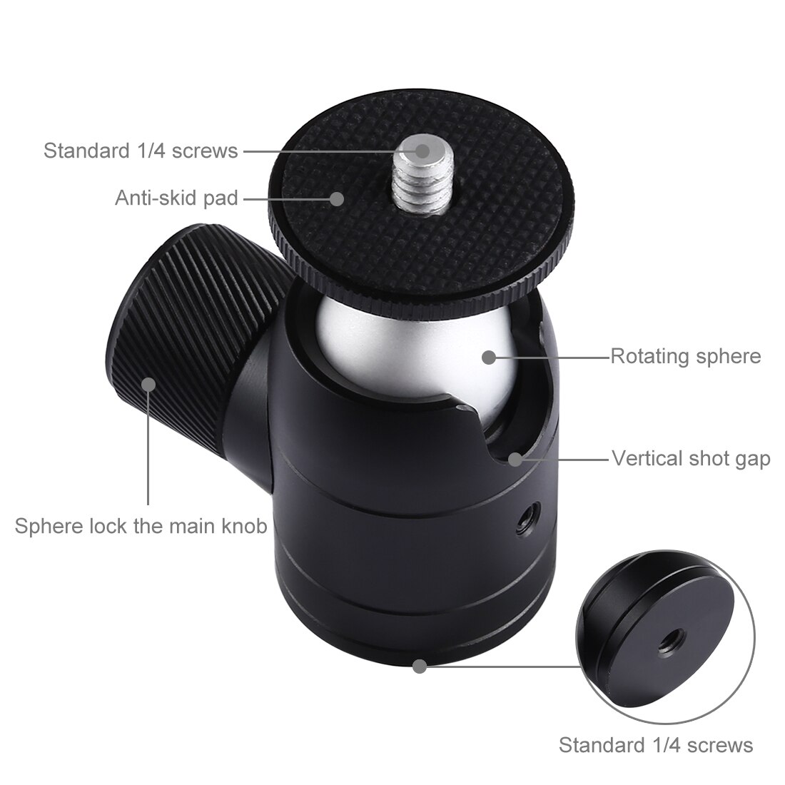 Mini Tripod Ball Head Adapter Ballhead Mount Alloy with 1/4 Holes for DSLR Camera Camcorder Cell Phone Monopod Mic Boom Pole