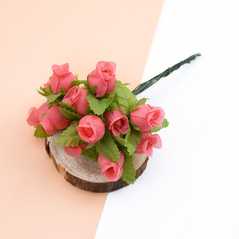 12 uds/paquete de seda artificial mini capullo de rosa cabeza de flor DIY ramo de flores caja de scrapbooking boda decoración de en casa