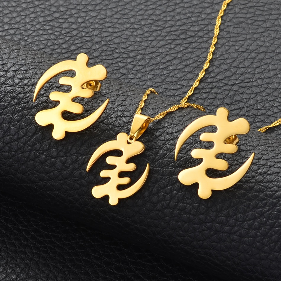 Anniyo afrikanske symbol halskæder øreringe sæt guldfarve rustfrit stål adinkra gye nyame etniske smykkesæt  #152621