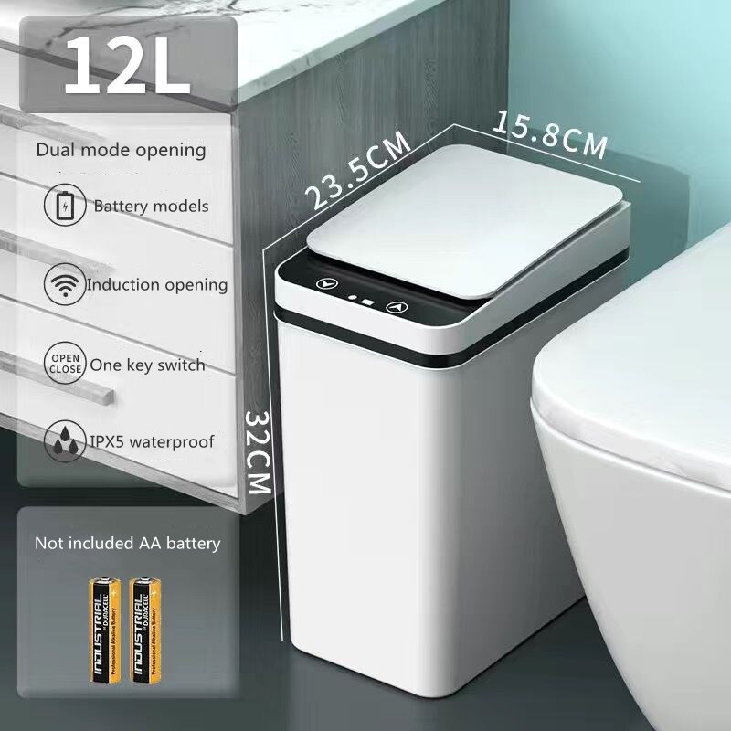 12L Intelligent Trash Can Smart Sensor Dustbin Automatic Rubbish Can USB Waterproof Dustbin Home Induction Garbage Bin Household: Battery white 2 mode