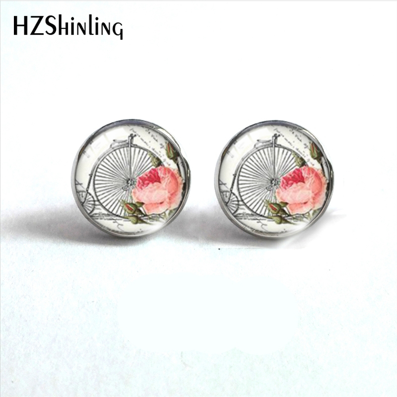 Pendientes de tuerca de vidrio de acero inoxidable para bicicleta, joyería de de oreja de cabujón de vidrio, libro de flores Vintage: Blanco / Color dorado