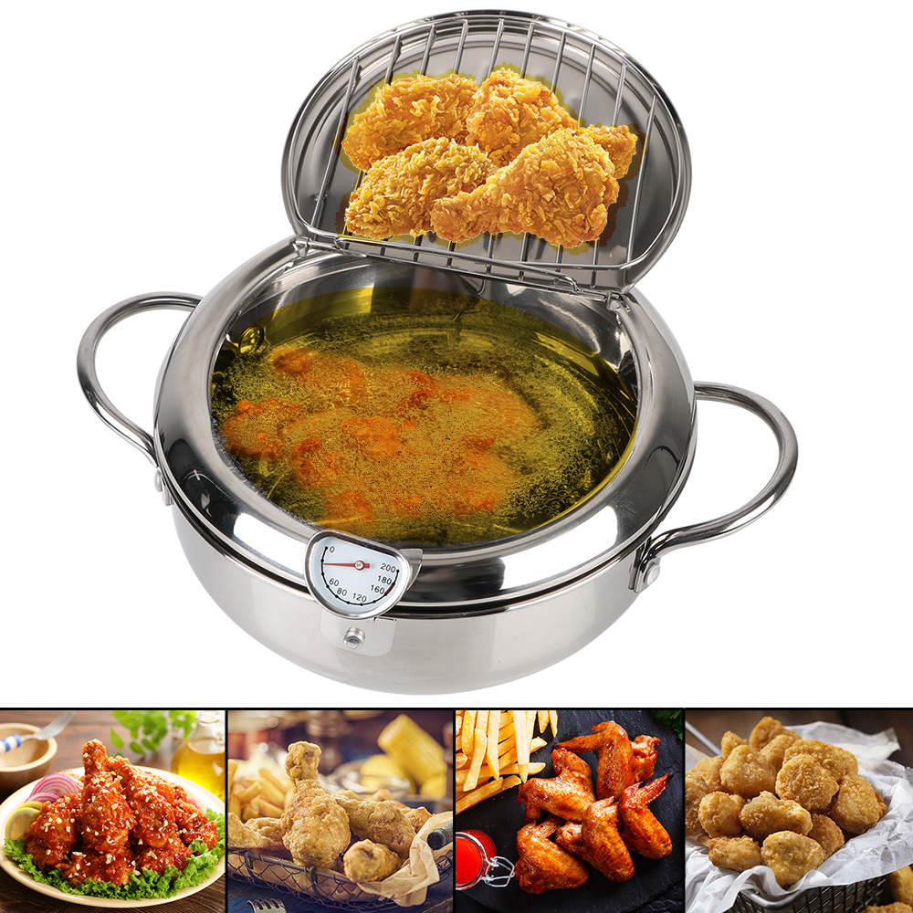 Strumento di cottura da 20 cm in acciaio inossidabile 304 2 maniglie 2,2 litri con termometro e coperchio padella per friggitrice Tempura pentola per friggere