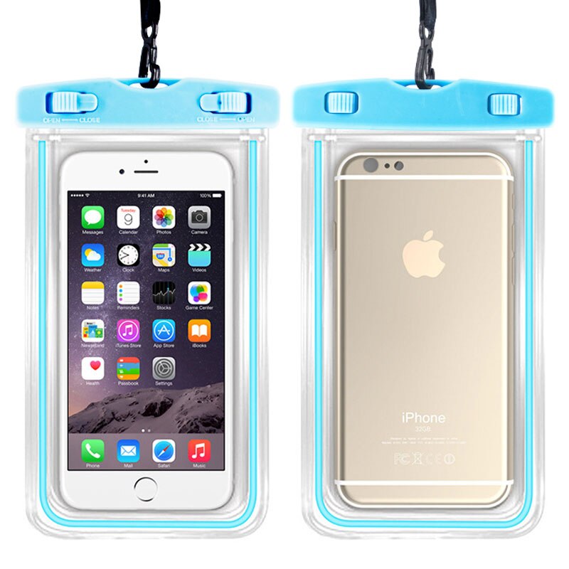 Universel vandtæt telefonpose tør berøringspose med lysende kant 5.5 tommer til iphone 6 6s 7 plus strand undervands swimmingpool: Blå