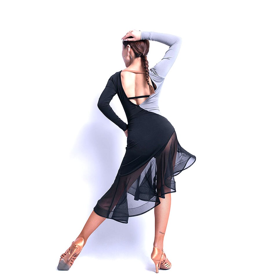 Vestido de baile latino de manga larga para mujer, vestido de retazos negro y gris para salón, Samba, Tango, Chacha, Performamnce L9589