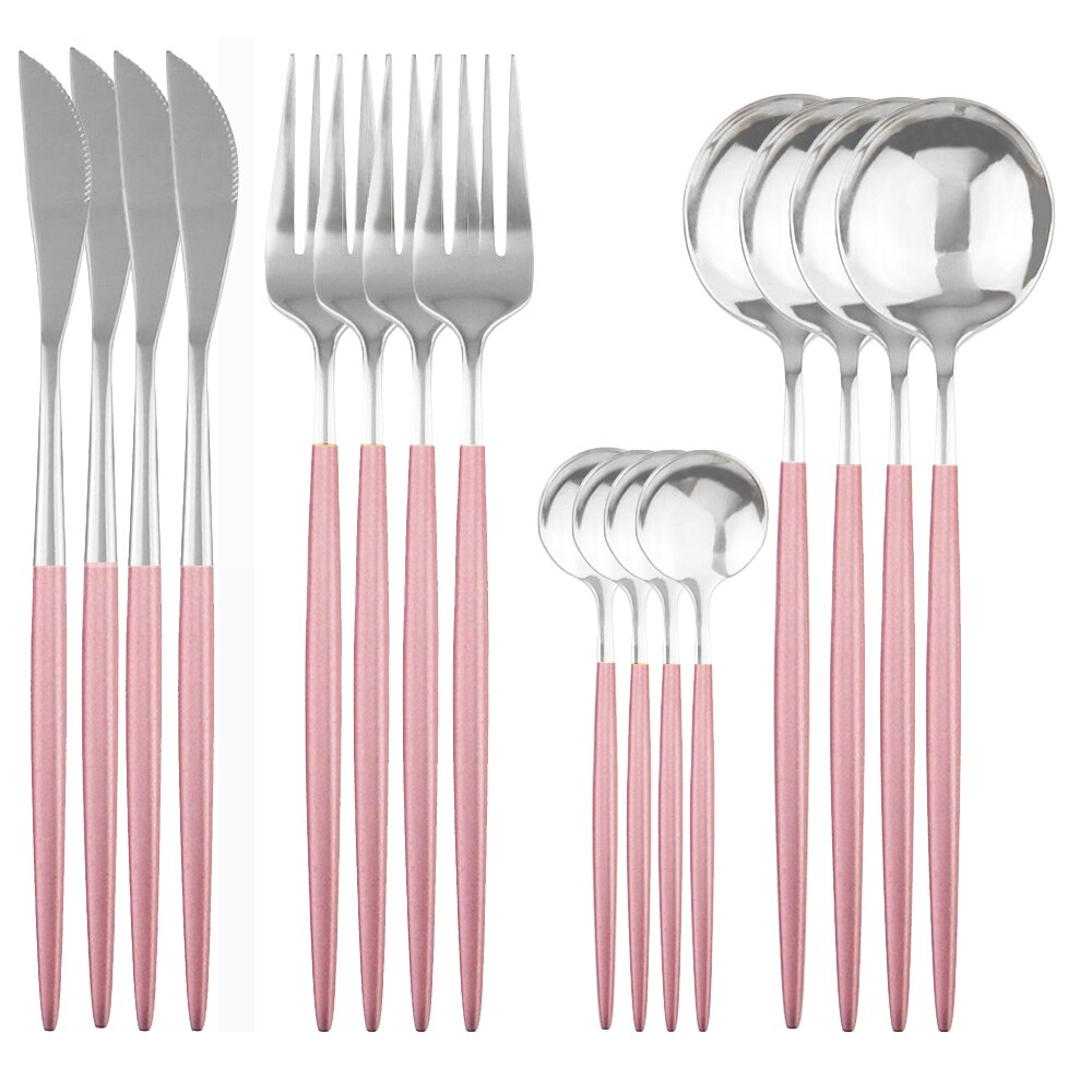 Service de vaisselle rose en acier inoxydable, 16 pièces, couverts dorés, service de table, couteau, fourchette, cuillère, argenterie: Pink Silver 16pcs