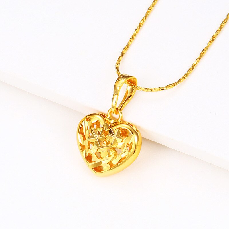 24K Gold Necklace Pendants for Women Simple Heart Charm Pendant Fine Jewelry for Wedding Birthday (Without Chain)
