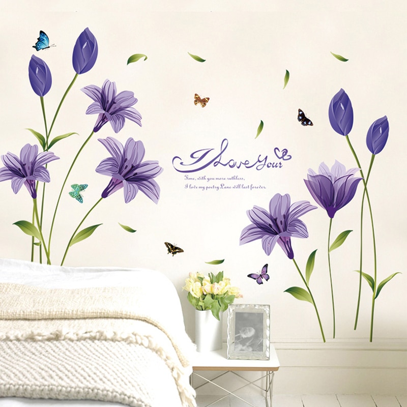 Veggklistremerke pvc plante flerfarget blomst vegg klistremerker tre stor flyttbar tv bakgrunn wallstickers rom dekorasjon