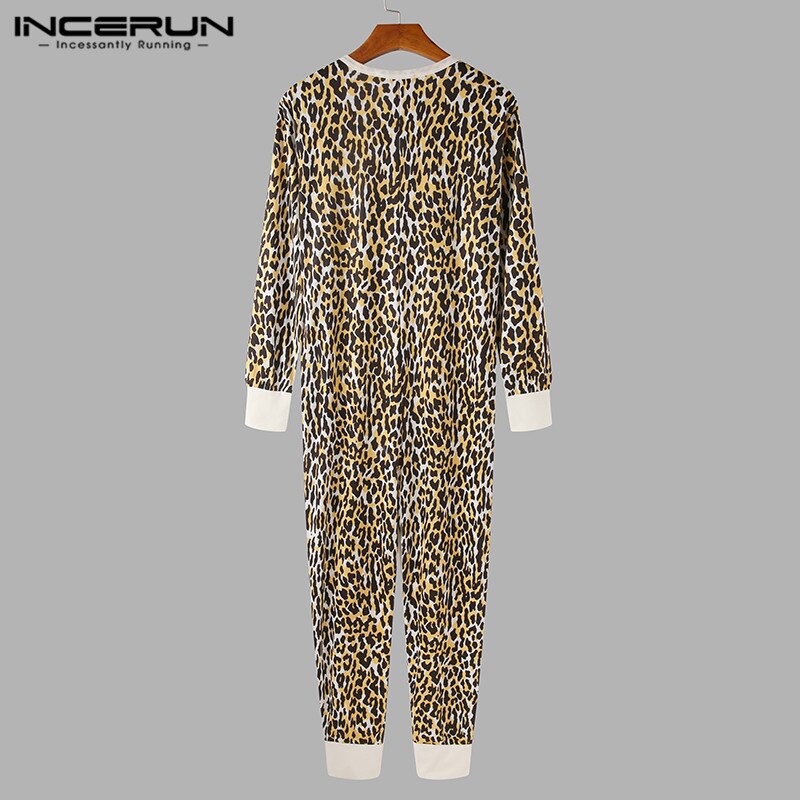 Uomo pigiama tuta stampa leopardo manica lunga O collo Fitness da notte accogliente tempo libero pagliaccetti uomo Homewear tuta INCERUN S-5XL