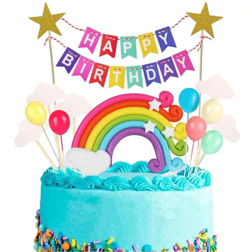 Gratulerer med dagen bannertopper håndlaget cupcake-topper inkludert  fargerike regnbueskyer ballongstjerner valg festdekorasjon, image size:1000x1000