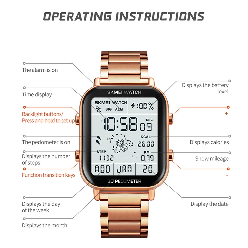 Skmei Mannen Stop Watch Countdown Polshorloge Kalender Klok Reloj Hombre Sport Stappenteller Calorieberekening Digitale Horloges 1888