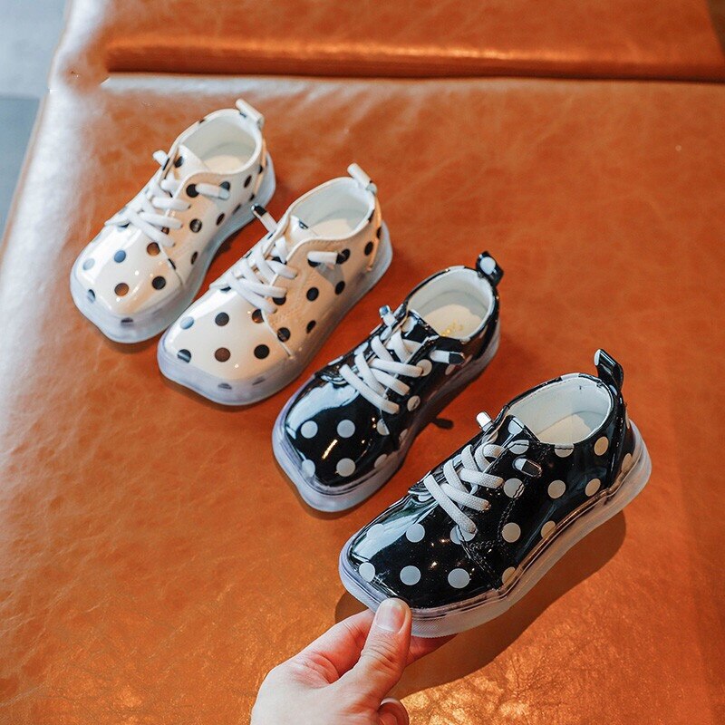 Kinderschoenen van pu leer met stippen, casual schoenen voor kinderen, wit, zwart, veterschoenen voor peuters en meisjes, dansschoenen