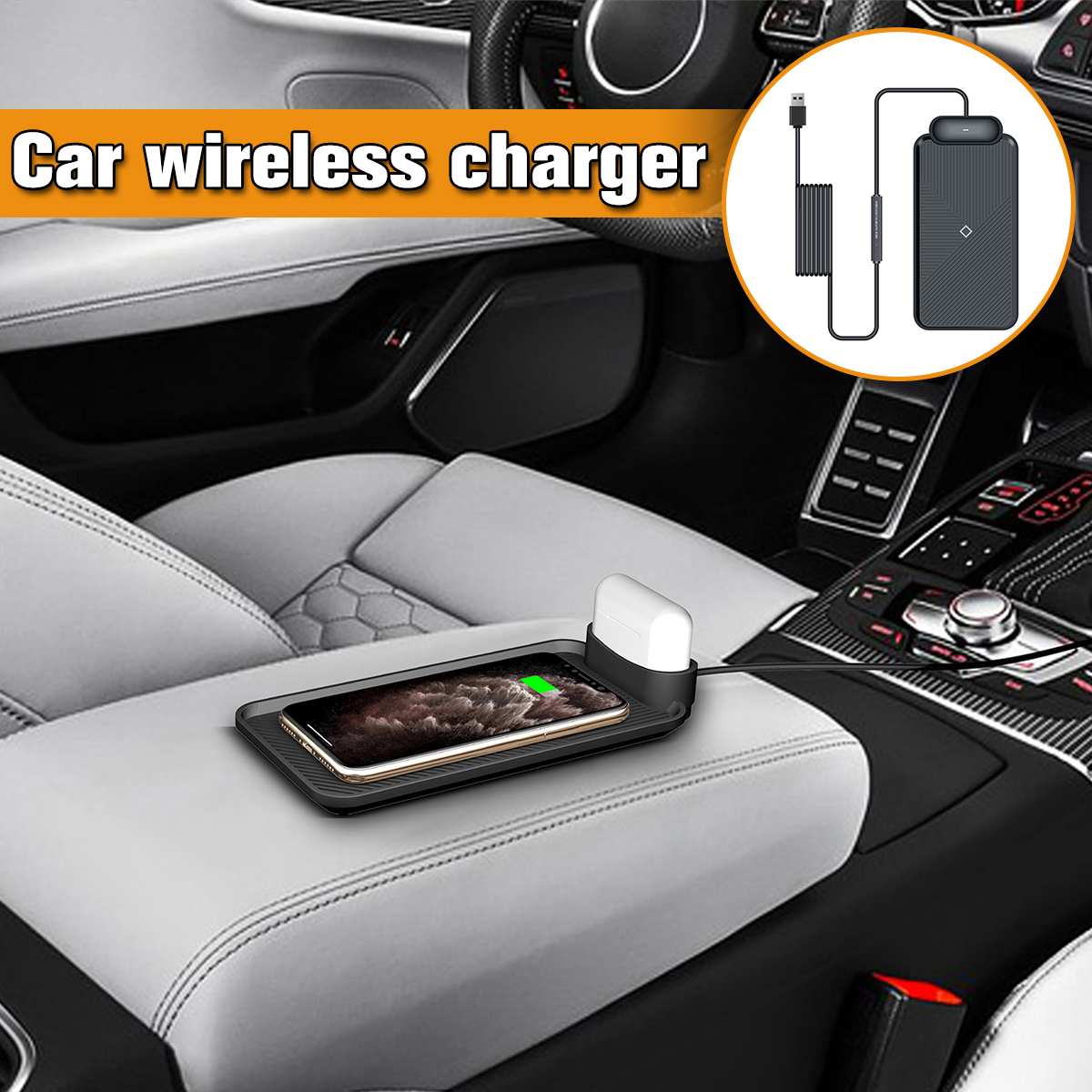 Base de carga inalámbrica 10W Qi para teléfono de coche soporte de carga rápida alfombrilla antideslizante de silicona para AirPods 1/2/Pro para iPhone 11