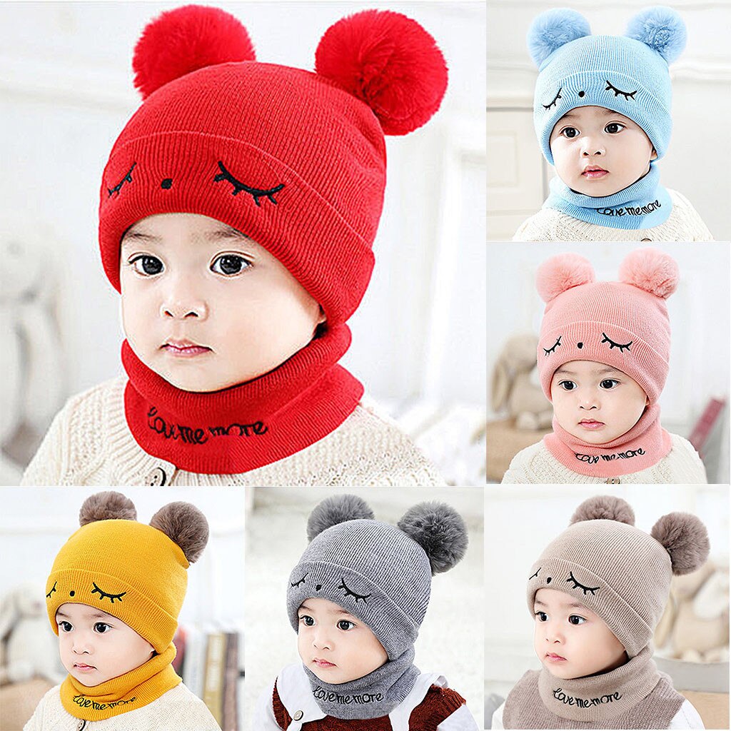 -né bébé enfants filles garçons hiver tricot chapeau fourrure boules pompon solide mignon belle bonnet # P30