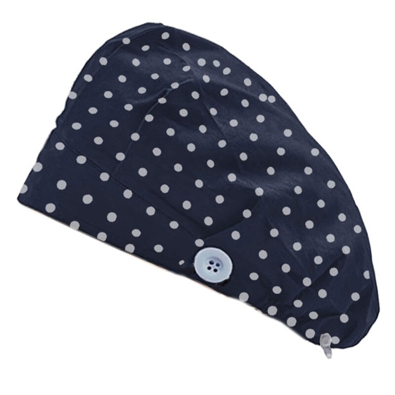 Doctor Nurse Bouffant Hat with Buttons Sweatband Polka Dot Dustproof Working Cap: Gray