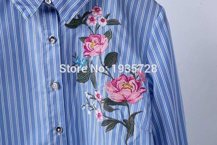 In Boutique Womens Tops Blue Striped Floral Flower Embroidered Blouse Shirt With Ring Neck Trim Detail