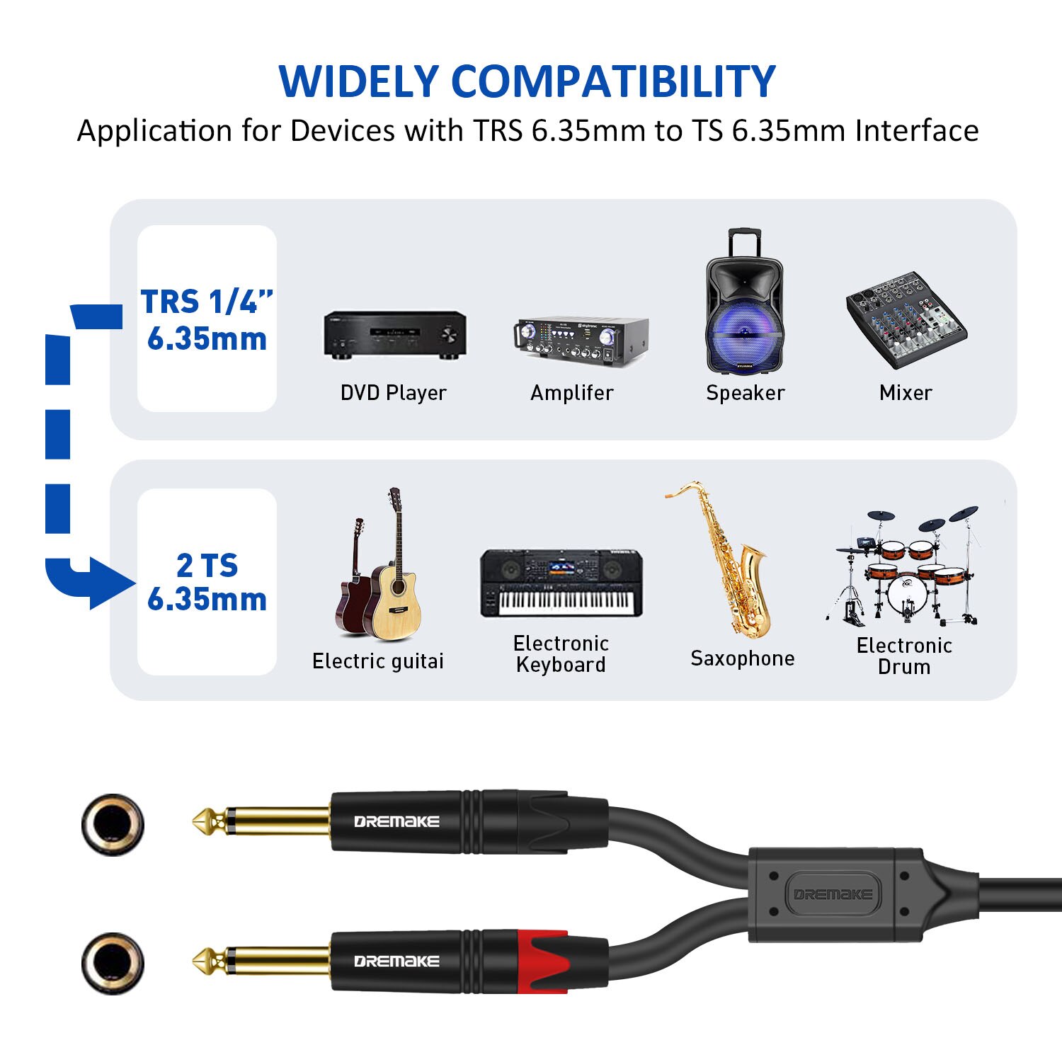 DREMAKE TRS 6.35mm to Double 6.35mm TS Cable 2 Mono 6.5 Jack to 1/4 Inch 6.35 TRS Audio Breakout Y-Splitter Cord for Amplifier