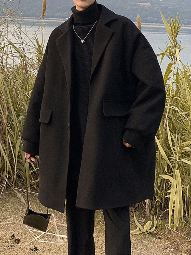 IEFB – manteau en laine de chameau noir pour homme, pardessus en Tweed à boutonnage simple, ample, mi-long, col de costume, vêtements épais, automne hiver