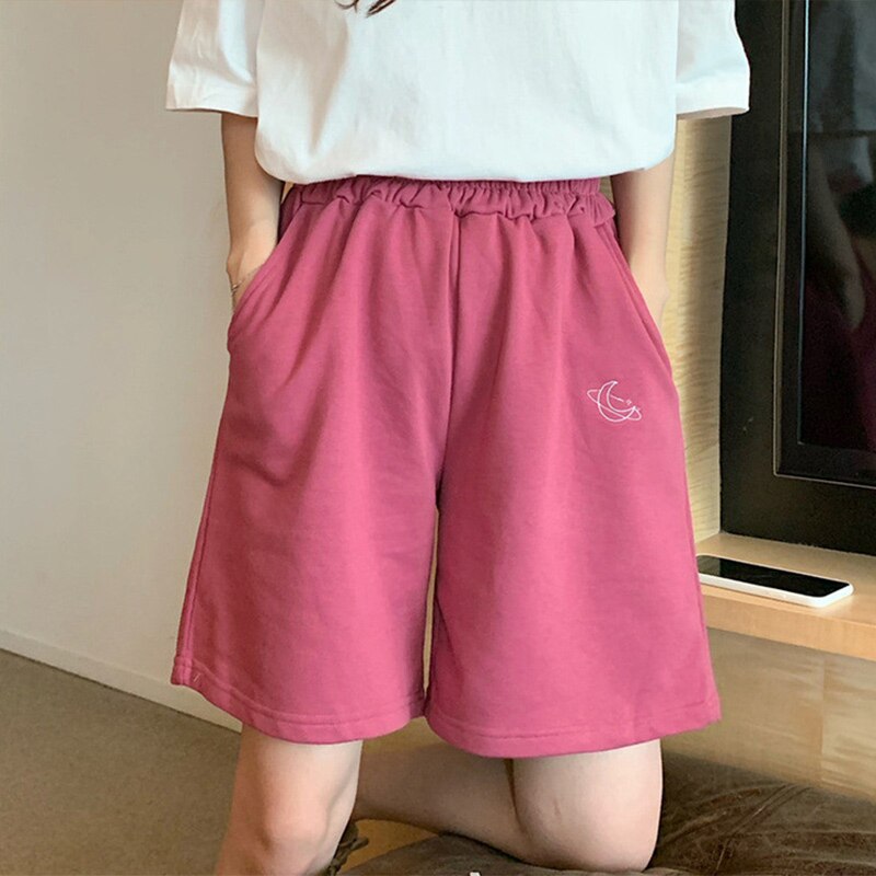 Oversize kvinder månebroderi løse shorts solide afslappet elastik talje smarte shorts koreanske vilde simple studerende underdele: Lyserød / Xxl