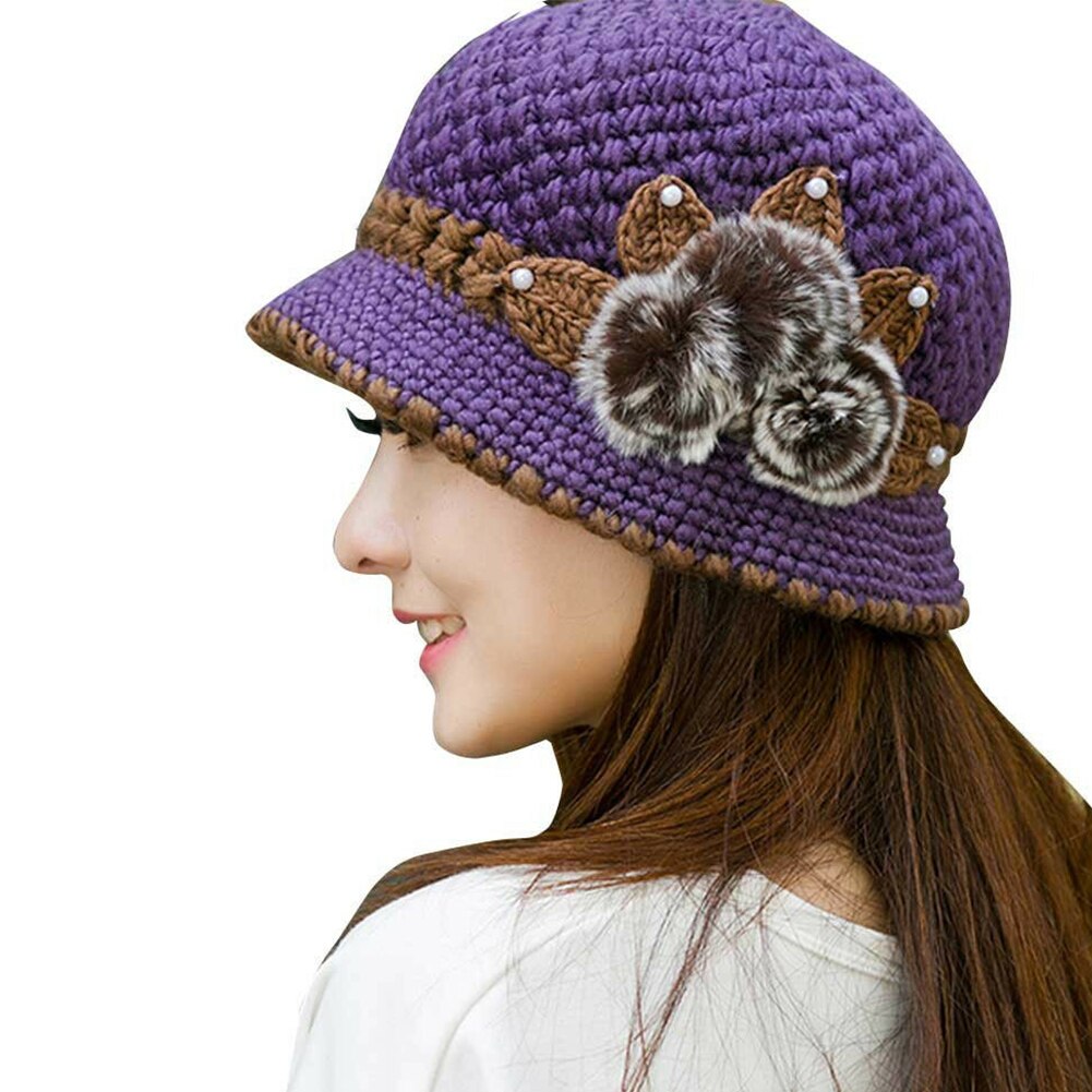 Kunstige uld tykkere hatte kvinder behagelig strikket hue blomster dekoreret kvindelig hat efterår vinter hovedbeklædning