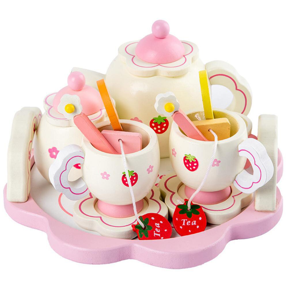 Kids pink analog wooden tea set game house educational toys kitchen tools girls early education puzzle tableware